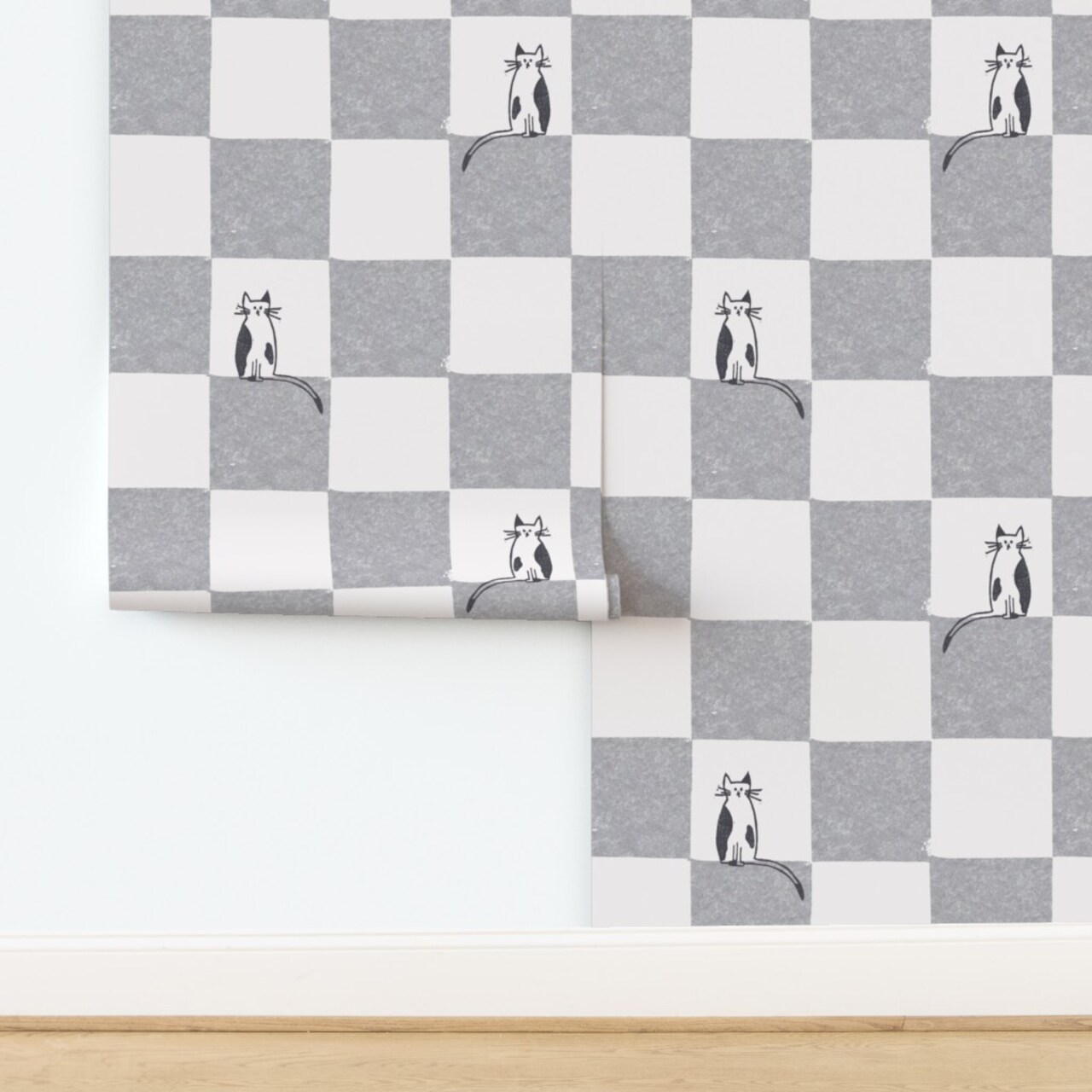 Checkered Cat Whimsical Kitty Weathered Gray Eggshell Fun Cute Happy Cheerful Modern Neutral Custom Removable Wallpaper by Spoonflower Peel & Stick Wallpaper 2FT Wide 17645640